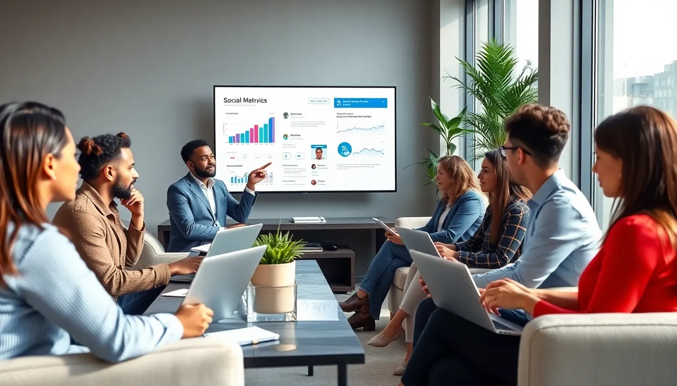 diverse team collaborating on social media strategy in a modern office.