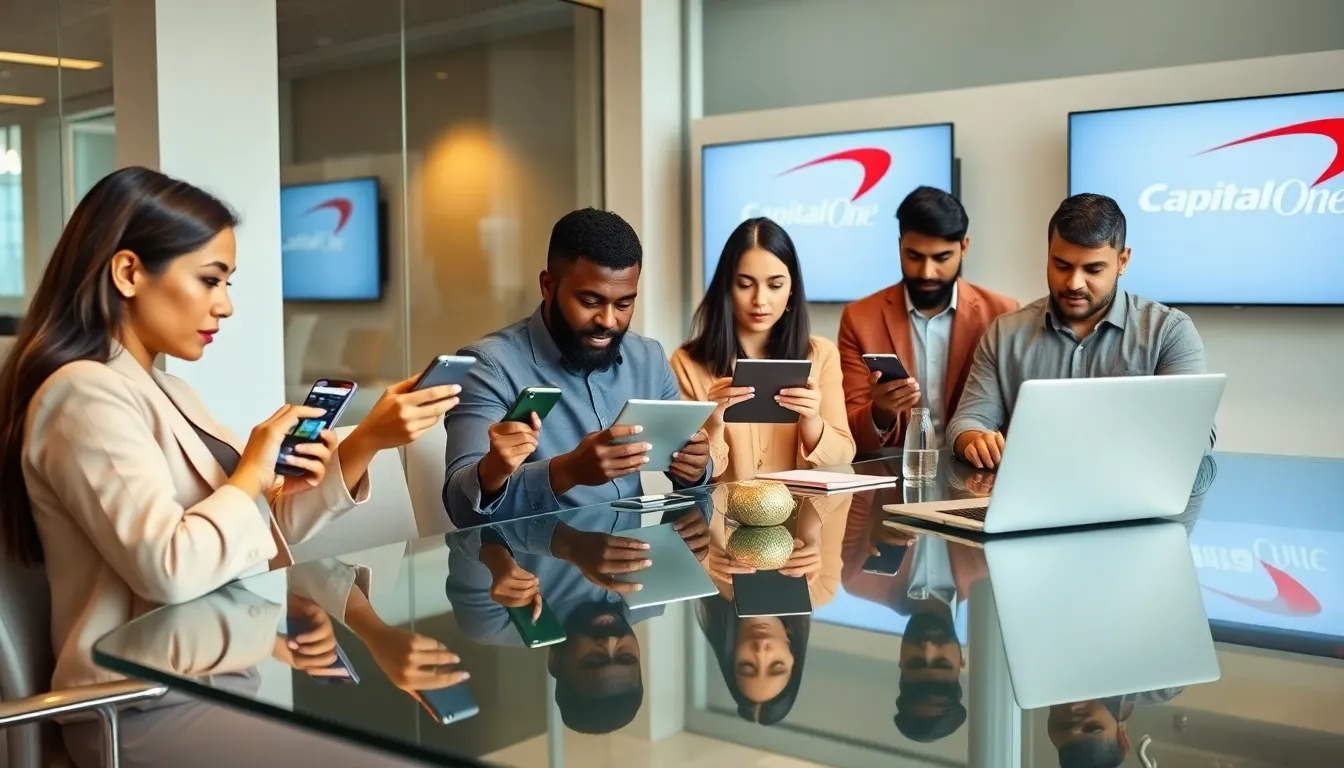 diverse professionals using Capital One mobile apps in a modern office.