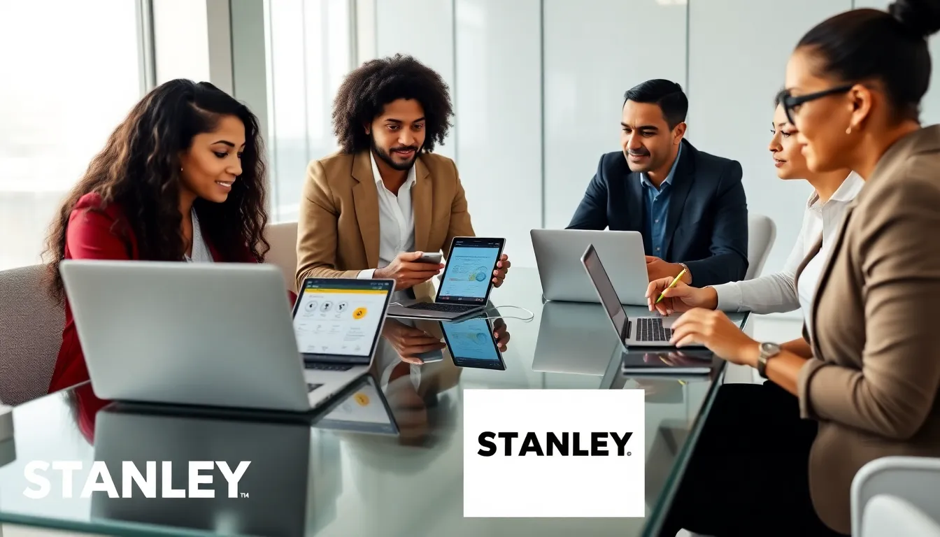 diverse team discussing Stanley mobile apps in a modern office.