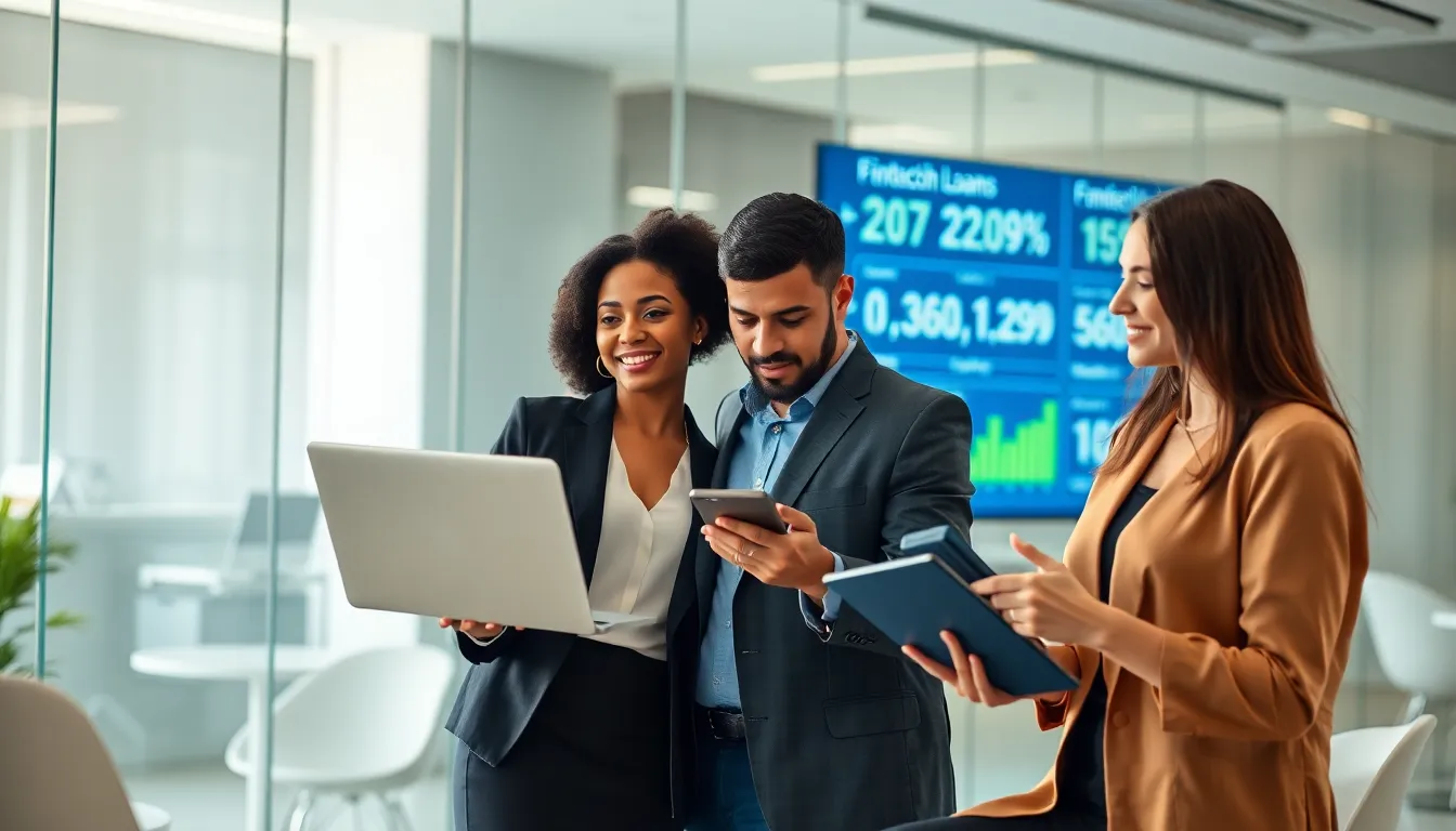 diverse team discussing fintech loans in a modern office setting.