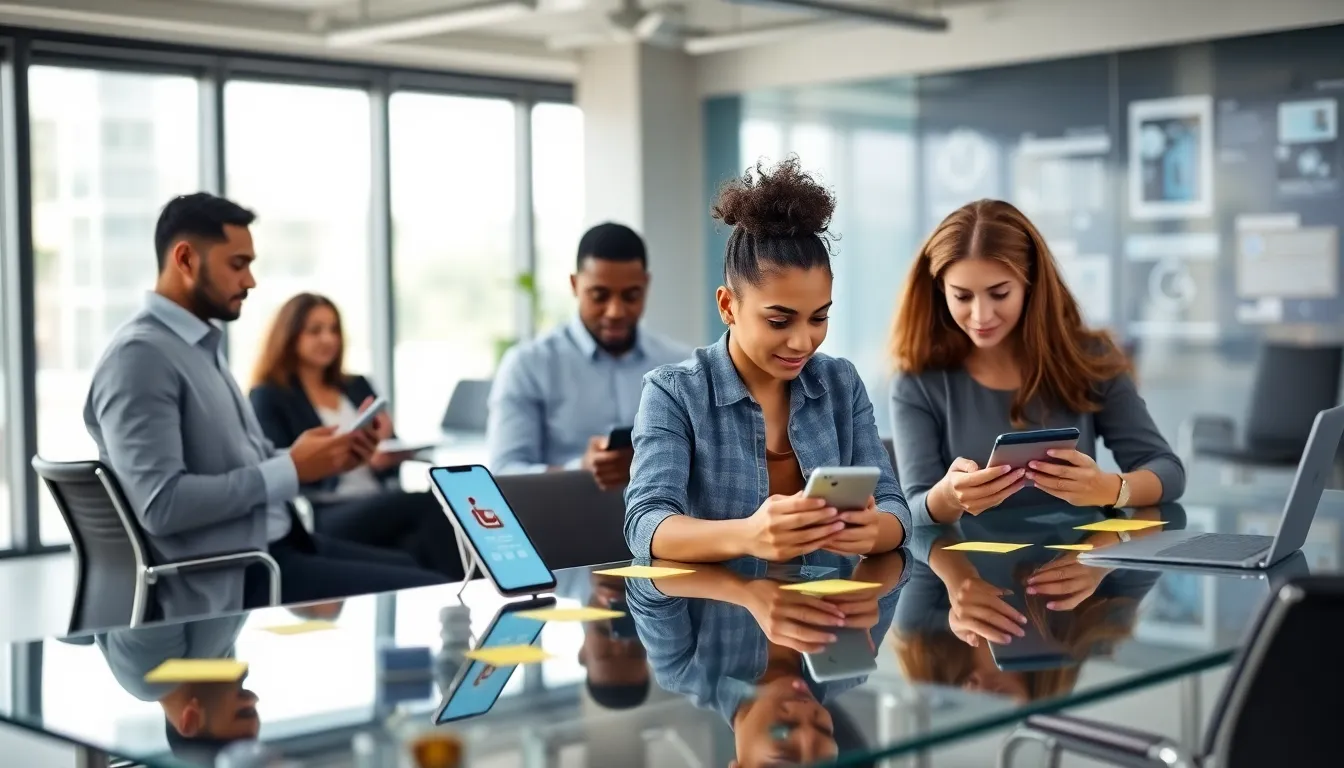 diverse team testing accessibility features on mobile apps in a modern office.