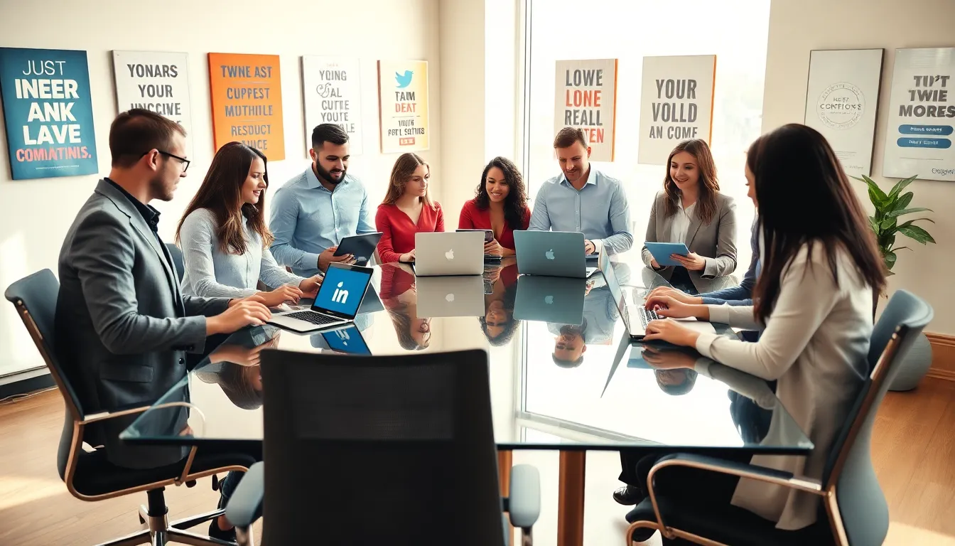 diverse team collaborating using social media in a modern office setting.