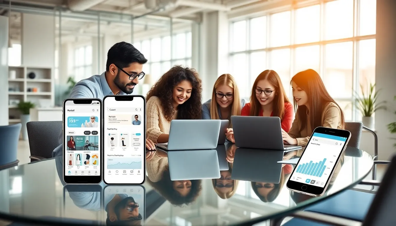 diverse team discussing mobile shopping app development in a modern office.