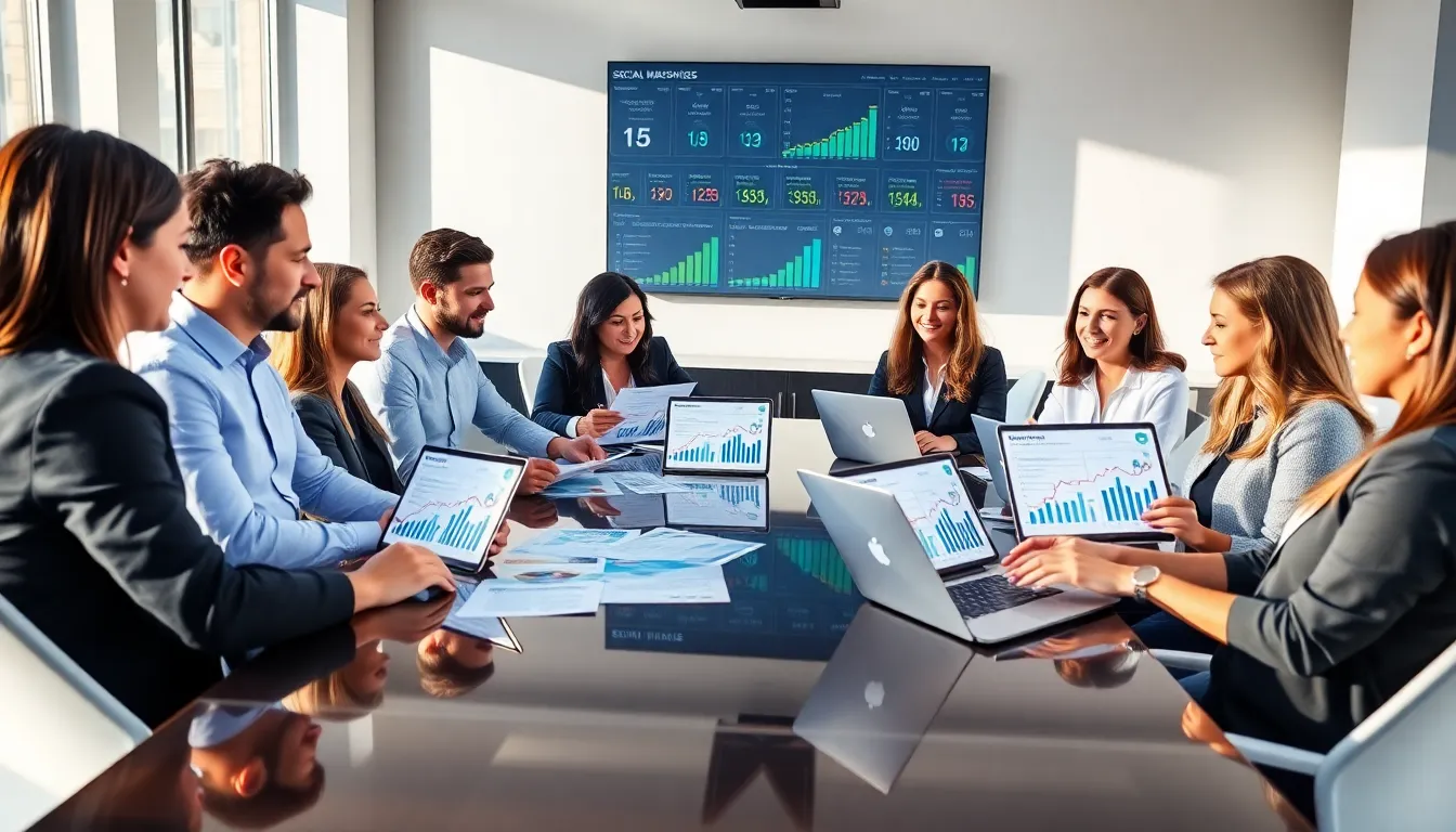 diverse team collaborating on social media marketing strategies in a modern office.