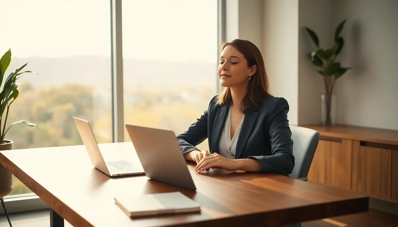 professional woman reflecting in a calm office environment.