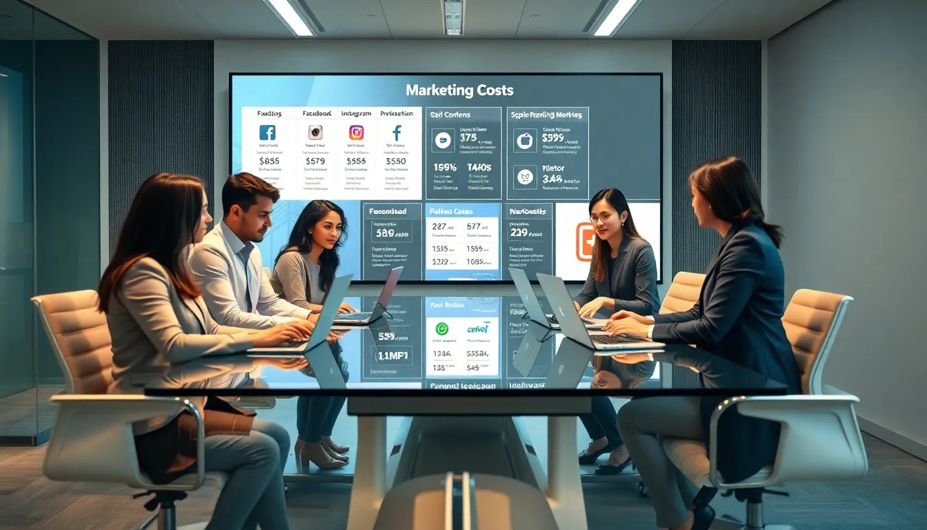 professionals discussing social media marketing costs in a modern office.