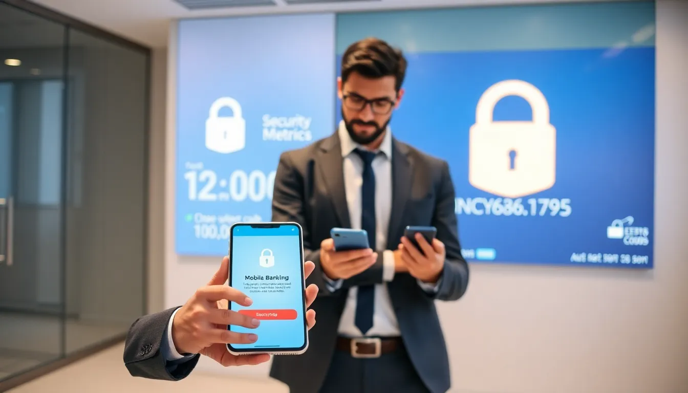 professional examining secure mobile banking app on smartphone.