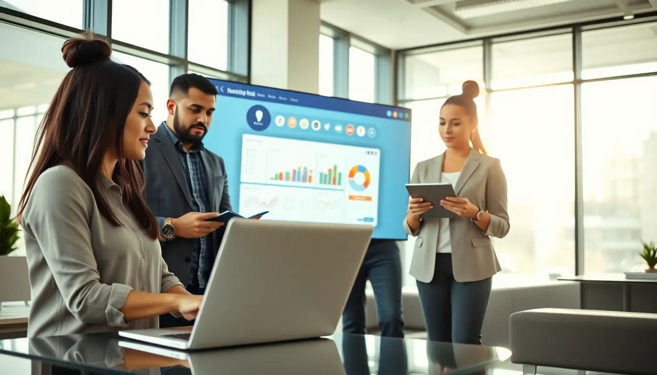 diverse team collaborating on social media support tasks in a modern office.