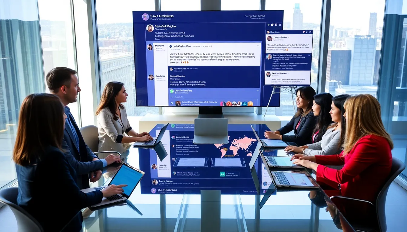 diverse team discussing government social media strategies in a modern office.